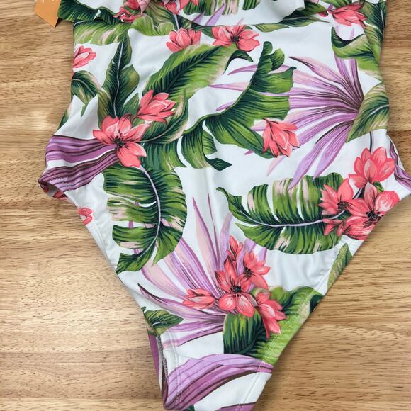 Kona Sol Women's White Floral Print Off Shoulder Swimsuit - Size Medium - NWT - Picture 7 of 9